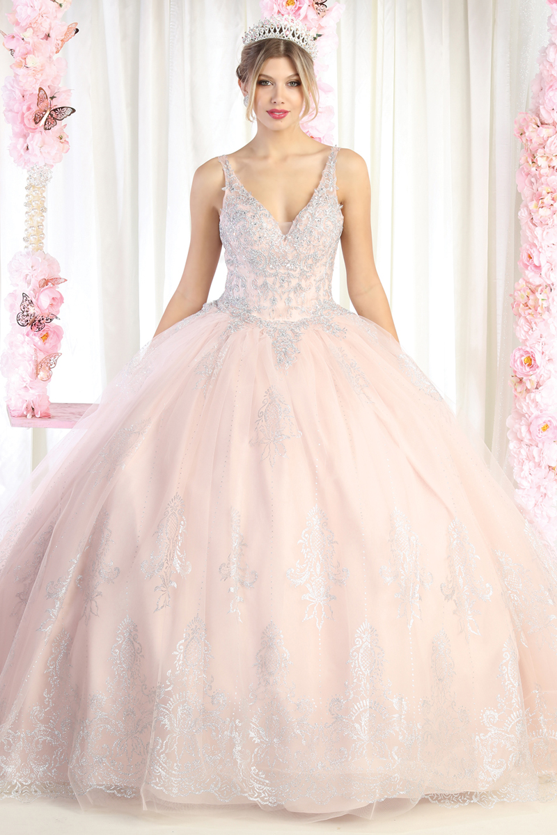 Glitter Print V Neck Ballgown